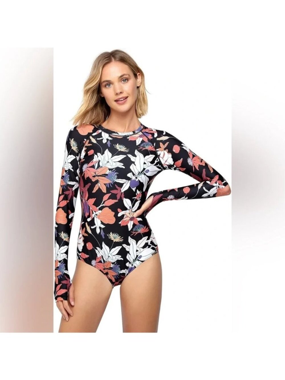 AXESEA Black Floral Long Sleeve One Piece Swimsuit Rash Guard, Size 8